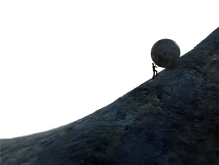 Sisyphus pushing rock uphill